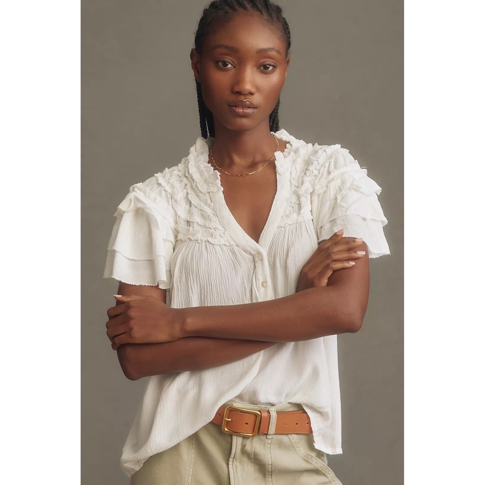 Maeve Anthropologie Womens Sz XS White Blouse Short Sleeve Ruffle Boho